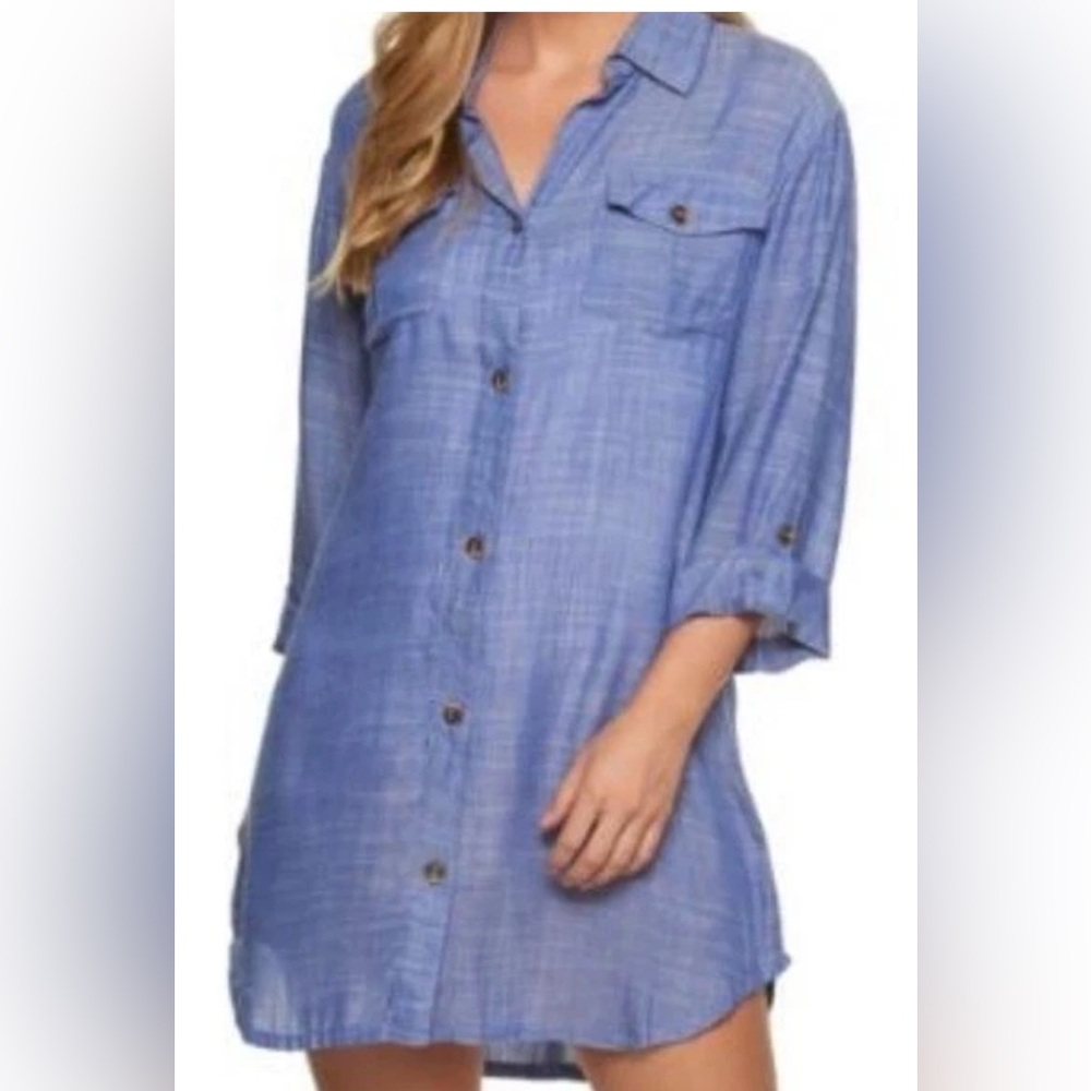 DOTTI Travel Muse Shirtdress Cover-Up – 100% Cotton – Blue – Size S - Picture 2 of 11